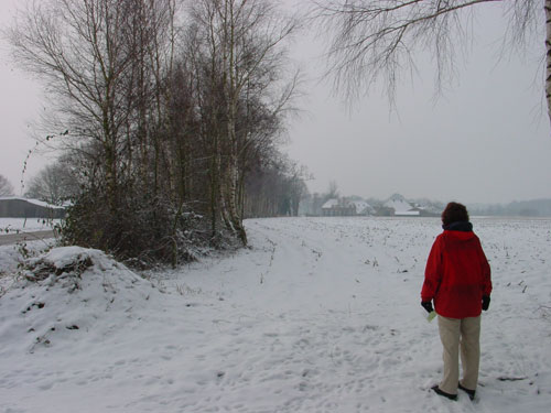 besneeuwde boerderij in de verte